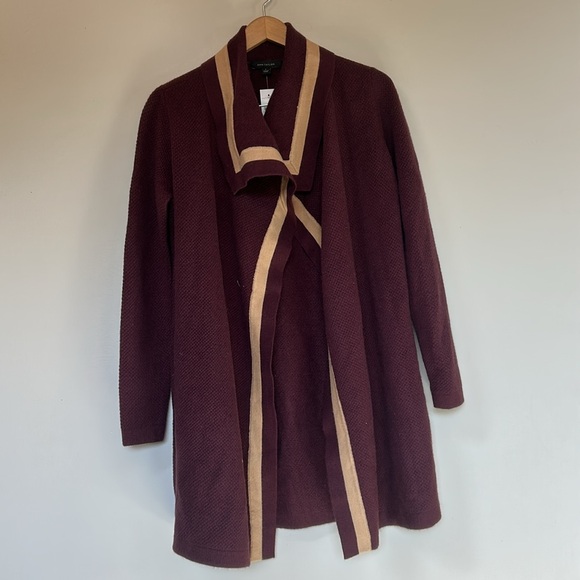 Ann Taylor Maroon Soft Warm Striped Cascading Open Front Long Cardigan small - Picture 2 of 11